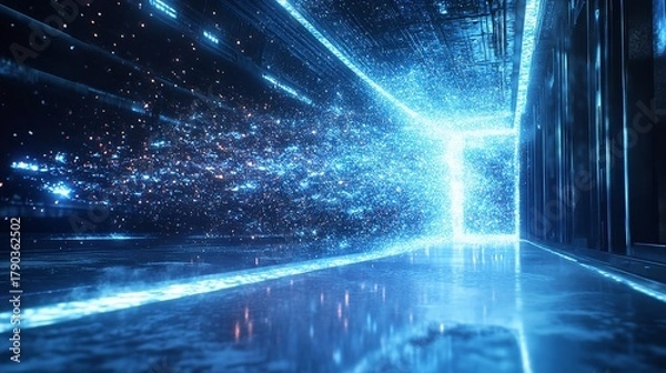 Obraz Futuristic corridor with glowing neon lights and particles, creating a sense of speed and innovation