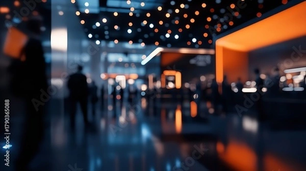 Obraz Blurred view of a modern exhibition hall with people walking around and bright lights above them