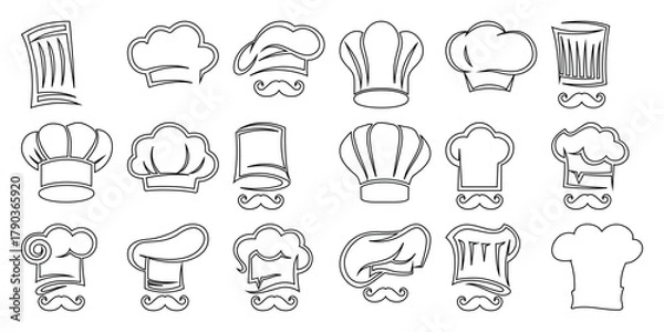 Fototapeta Collection of Chef Hats and Mustaches in Outline Style
