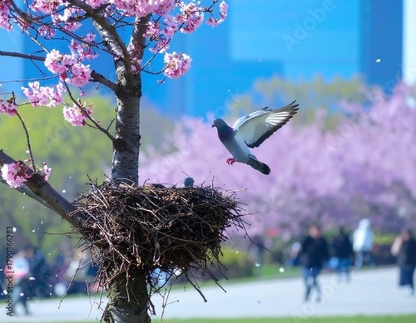 Obraz Pigeon in flight near cherry blossoms