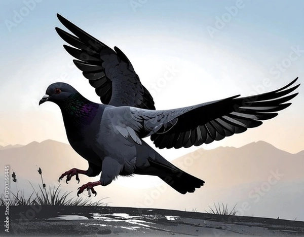 Obraz Pigeon in flight over a sunrise