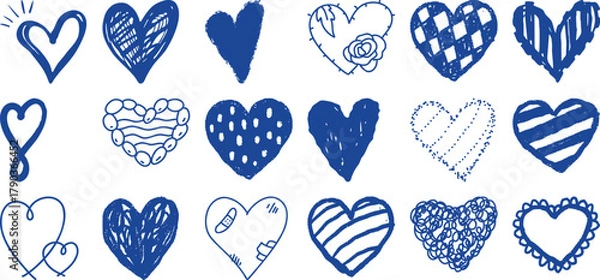 Fototapeta Collection of Hand-Drawn Blue Hearts with Various Textures and Patterns