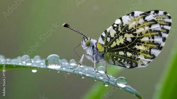 Fototapeta Close up of a butterfly on a leaf covered in water droplets outdoors