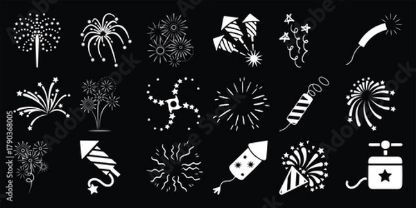 Obraz Collection of White Firework Icons on Black Background