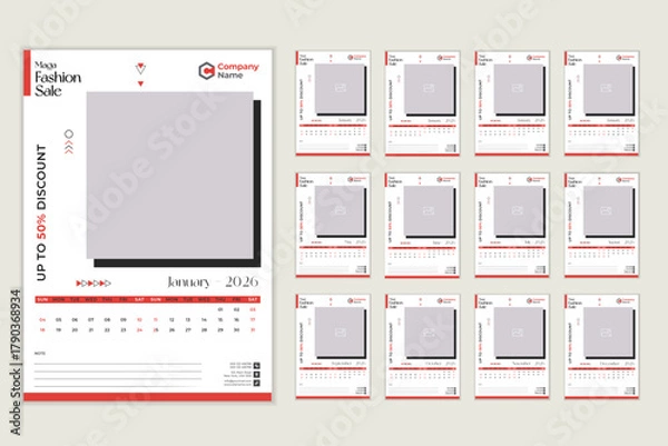 Fototapeta 2026 Calendar Templates with Images with Photo Layouts. Wall calendar 2026 template Vector