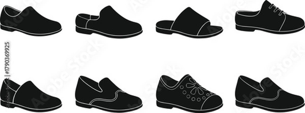 Fototapeta Set of black and white shoes icons, modern footwear collection, different shoe styles, vector fashion design illustration art