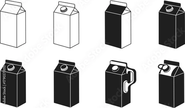 Fototapeta Set of black and white milk carton icons, vector illustration of beverage packaging, dairy product containers, drink box symbols designSet of black and white milk carton icons