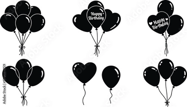 Fototapeta Set of black and white birthday balloons, heart and round shapes, celebration party decoration vector illustration for festive design