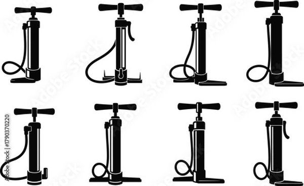 Fototapeta Set of bicycle air pumps, manual inflation tools collection, portable air compressors, black silhouette vector illustration isolated on white background