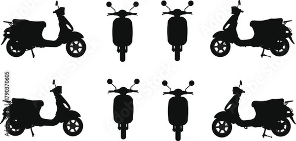 Fototapeta Scooter and motorcycle silhouette collection, transportation vehicle icon set, black and white vector illustration for travel, urban mobility, and design projects