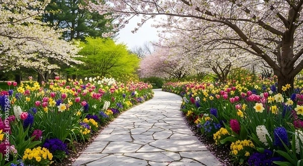 Fototapeta Beautiful Spring Garden Pathway Lined with Colorful Tulips and Blooming Cherry Trees.