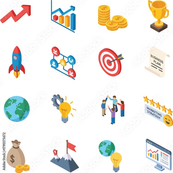 Obraz Isometric business and finance icons set depicting growth, strategy, success, and global ideas.