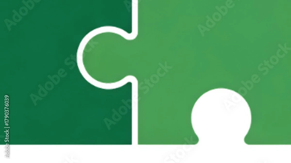 Obraz Two green puzzle pieces connecting on a clean white background, symbolizing teamwork and solutions.