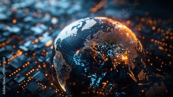 Fototapeta Digital world globe on circuit board with glowing lights, symbolizing global connectivity
