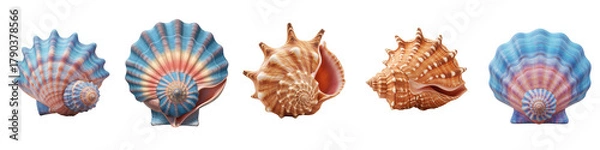 Fototapeta Collection of colorful and textured sea shells arranged on a black background