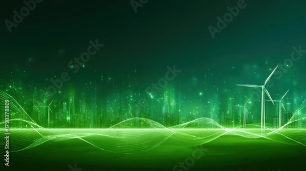 Fototapeta Clean energy grid improvement concept. A vibrant green cityscape featuring wind turbines, symbolizing renewable energy and technological advancement in a futuristic environment.