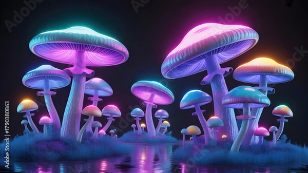 Fototapeta Vibrant fantasy mushroom illustration with glowing neon colors reflecting on dark mysterious water surface
