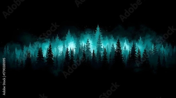 Fototapeta A horizontal, dramatic digital illustration depicting a dense line of pine or spruce trees forming a dense forest border against a solid black background.