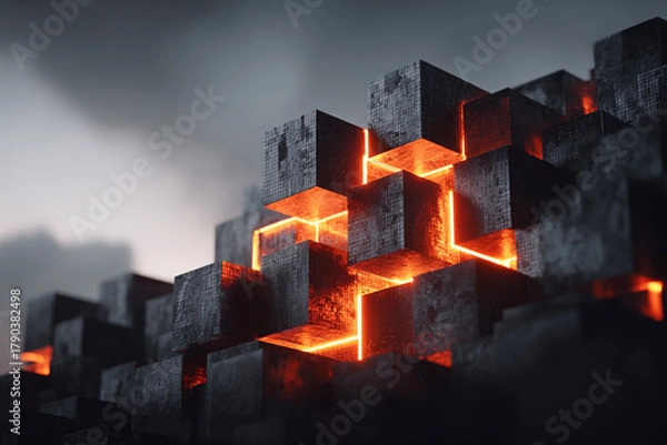 Fototapeta Abstract Cubic Structure with Glowing Lines Illuminated Against a Dramatic Cloudy Background