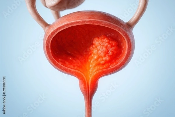Obraz Detailed 3D rendering of the human urinary bladder showing a cancerous tumor inside, representing bladder cancer, oncology, and medical anatomy concept.