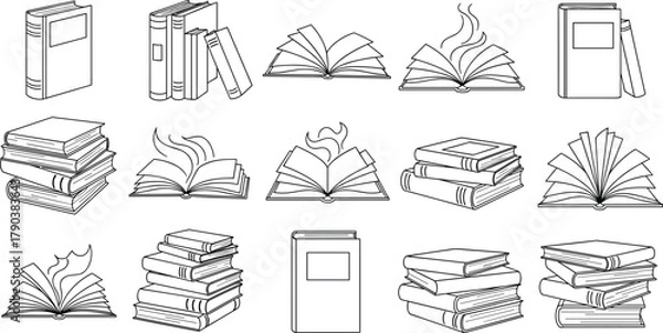 Fototapeta Collection of book line art illustrations, stack of books and open book icons, education and reading concept vector design