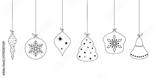 Fototapeta Hanging various festive Christmas tree Christmas toys balls, vector line illustration. The festive New Year's Eve background element is isolated on white for design, decoration, postcard, poster