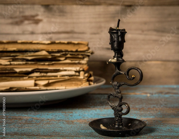 Fototapeta Vintage Black Candle and Old Books—Dark Academia and Gothic Still Life