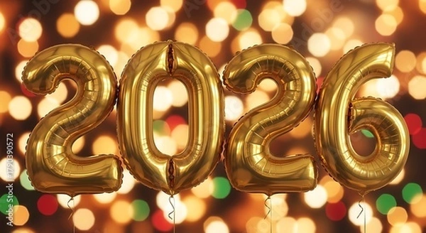 Fototapeta Golden Balloons Forming 2026 Against Bokeh Lights.