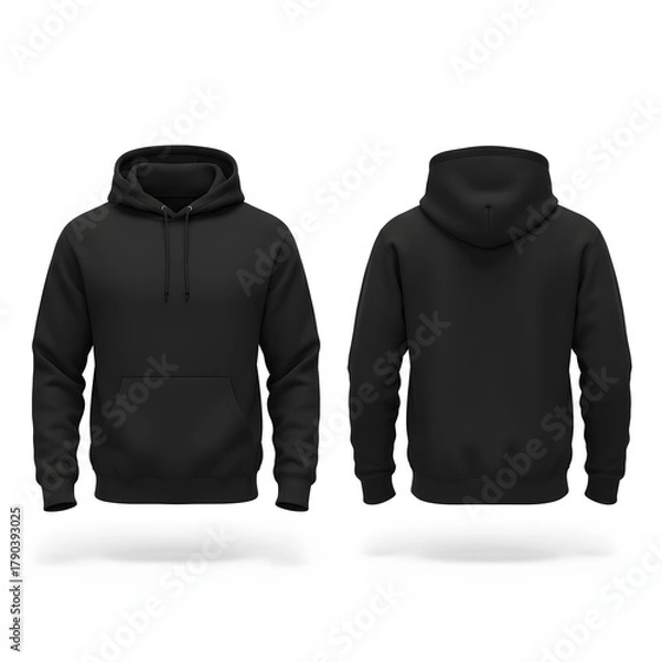 Fototapeta Front and back view of a blank black pullover hoodie for mockup. Isolated on white background, png 