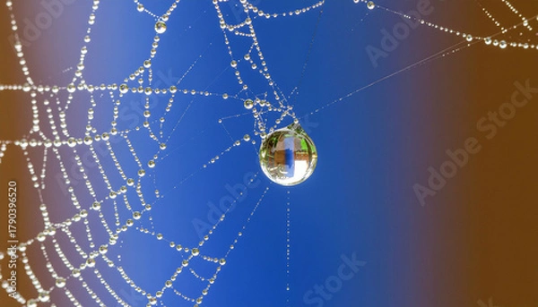 Fototapeta Macro Photograph of Dew Drop on Spider Web Reflecting Light – Symbol of Connection and Balance