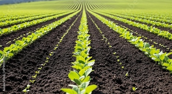 Obraz Rows of Young Green Plants Growing in a Field Under Sunlight.