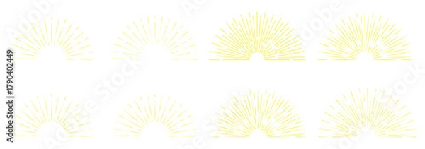 Fototapeta  Sunburst shapes, bursting sun rays, sunshine. Radial fireworks burst, sunset and sunrise, star beams, sparkle elements. Vector classic boho logo line
