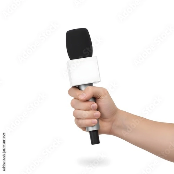 Fototapeta Hand holding a reporter's microphone with a blank flag for an interview. Isolated white background, png a