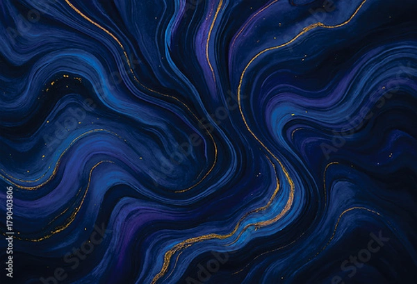 Fototapeta An abstract, fluid art piece dominated by swirling gradients of deep blues, purples, and touches of gold, creating a sense of calm and luxury.