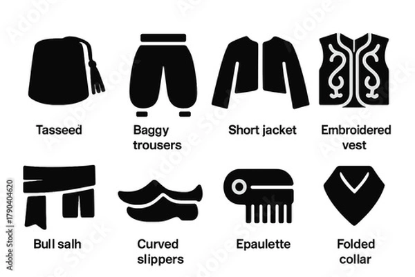 Fototapeta Vintage Zouave Uniform Icons. Solid style icons of vintage Zouave uniform elements: Tasseled Fez, Baggy Trousers, Short Jacket,