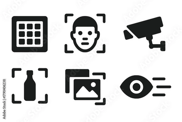 Fototapeta Digital Vision Icons. Solid style icons of digital vision systems: Camera Sensor Grid, Facial Recognition Box, Image Comparison