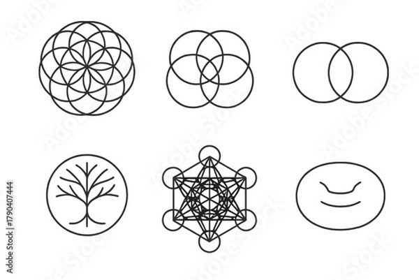 Fototapeta Sacred Geometry Icons. Line style icons of Sacred Geometry Basics: flower of life, seed of life, vesica piscis, tree of life,