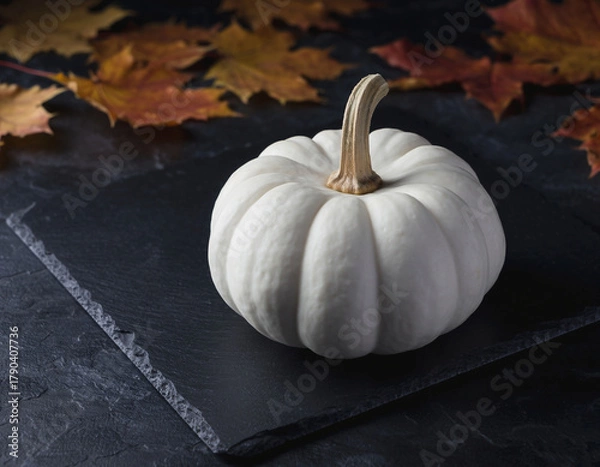 Fototapeta White Pumpkin on Slate Surface with Autumn Leaves—Minimal Thanksgiving and Harvest Still Life
