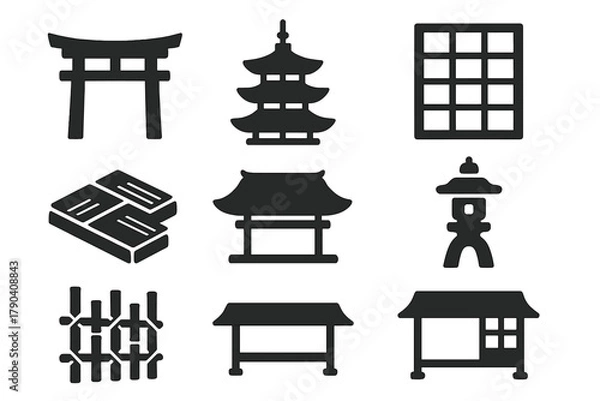 Fototapeta Japanese Architecture Icons. Solid style icons of Japanese architecture elements: Torii Gate, Pagoda, Shoji Screen, Tatami Floor,