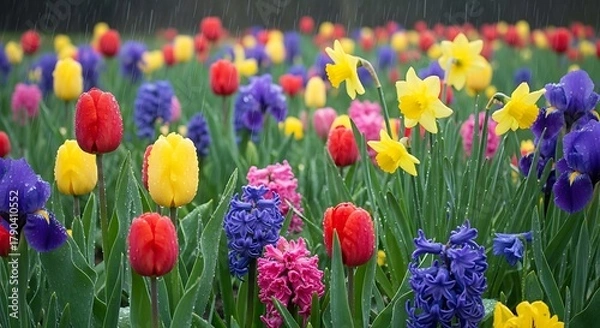 Fototapeta Vibrant Spring Flower Meadow with Tulips Daffodils and Hyacinths.