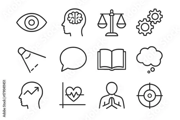 Fototapeta Mental Processes Icons. Line style icons of Mental Processes: perception eye, memory icon, decision scale, reasoning gears;