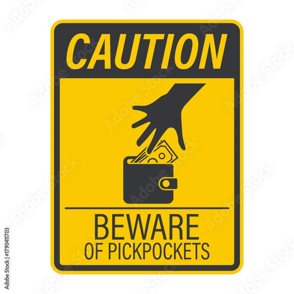 Fototapeta Isolated caution banner sign warning to beware of pickpockets in public places such as buses, trains, and crowded areas.