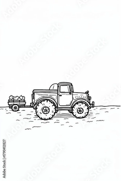 Obraz Hand drawn Illustration of a Vintage Pickup Truck with Large Tires Pulling a Trailer Full of Produce