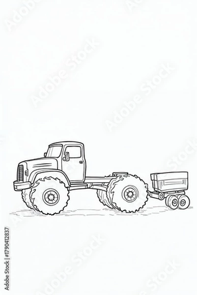 Fototapeta Line Art Drawing of a Truck with Large Tires and a Trailer