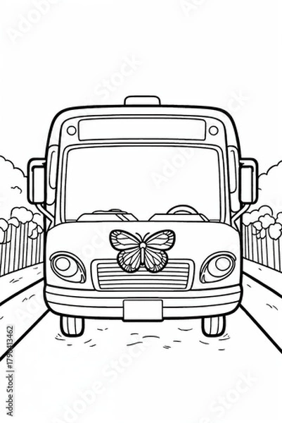 Fototapeta Black and White Line Drawing of a School Bus with a Butterfly on the Hood