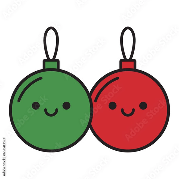 Fototapeta Cute Smiling Green and Red Christmas Ball Ornament Pair Vector Illustration