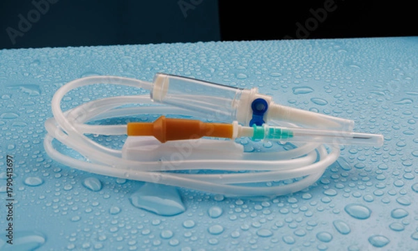 Fototapeta The infusion system lies on a blue background around a drop of clear, clean water. IV Set Infusion. Intravenous drip system.