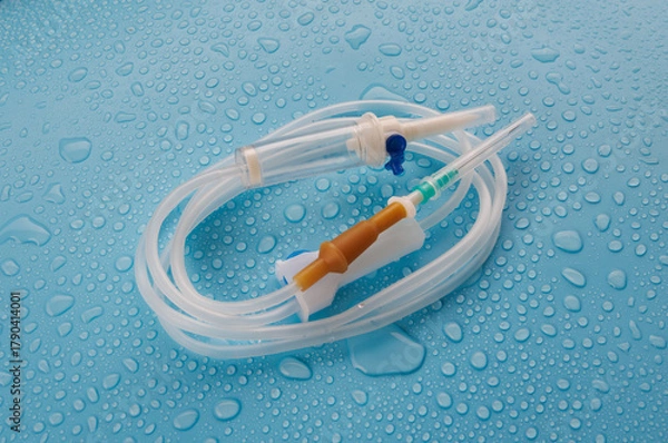 Fototapeta The infusion system lies on a blue background around a drop of clear, clean water. IV Set Infusion. Intravenous drip system.