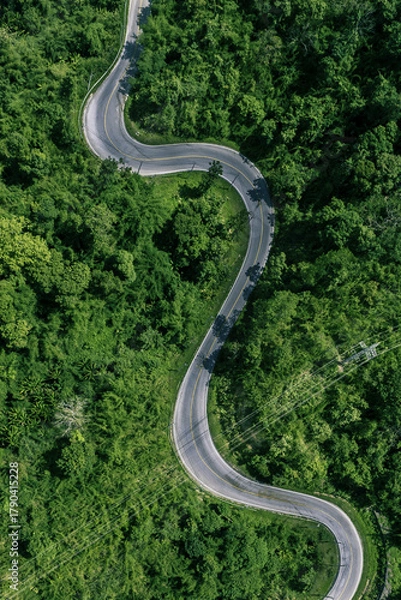 Fototapeta Aerial top view of a winding road cutting through lush green tropical forest. Scenic mountain highway surrounded by dense jungle trees, showing the beauty of nature and travel adventure concept.