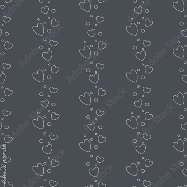 Fototapeta Subtle, minimalist seamless pattern featuring serene vertical stripes of delicate line art hearts and bubbles on a sophisticated dark gray background, perfect for contemporary Valentine's designs.